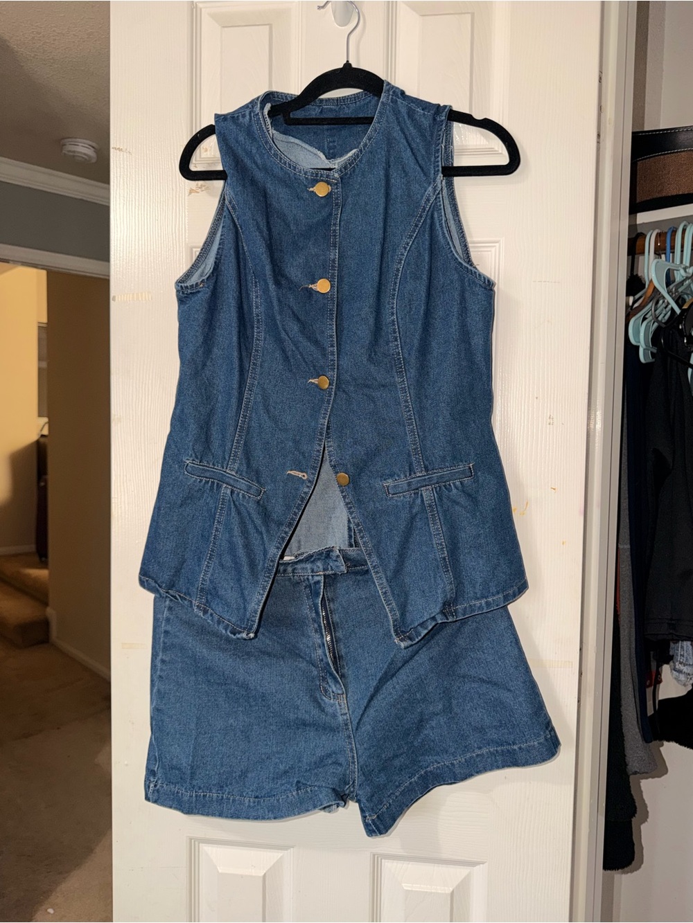 Denim Sleeveless Vest & Shorts Set - Blue